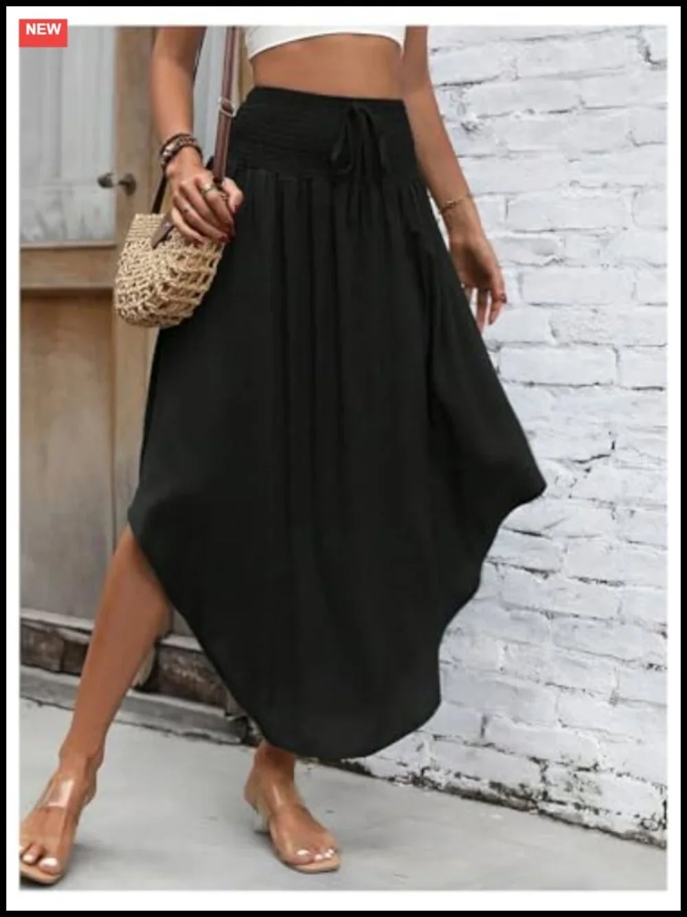 Asymmetrical Shirred Waist Maxi Skirt Long Flowy Beach Vacation
